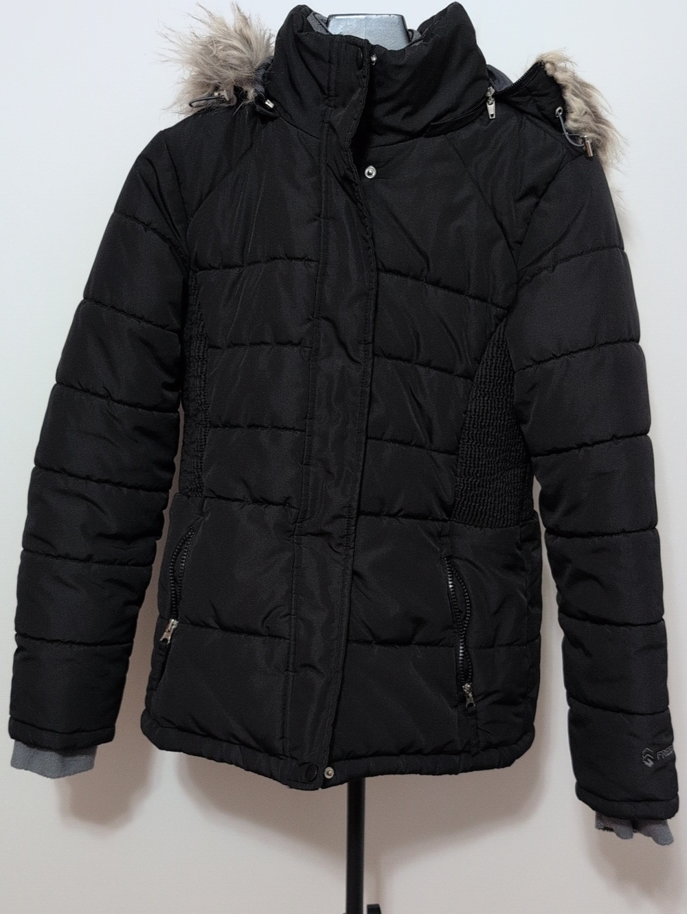 Free Country Black Quilted Puffer Jacket Faux Fur Hood S